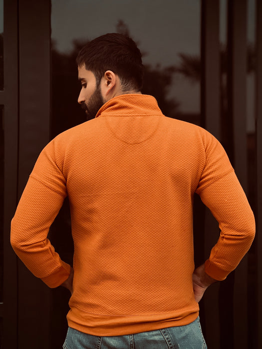 Premium Jacquard Mock Neck Zipper With Pockets - Musturd Deep Coral - IJJK202313