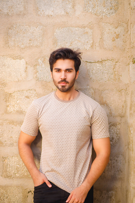 Interjacq Mens T-Shirt - Bricks Pattern - Regular Fit - Khaki - IM60K