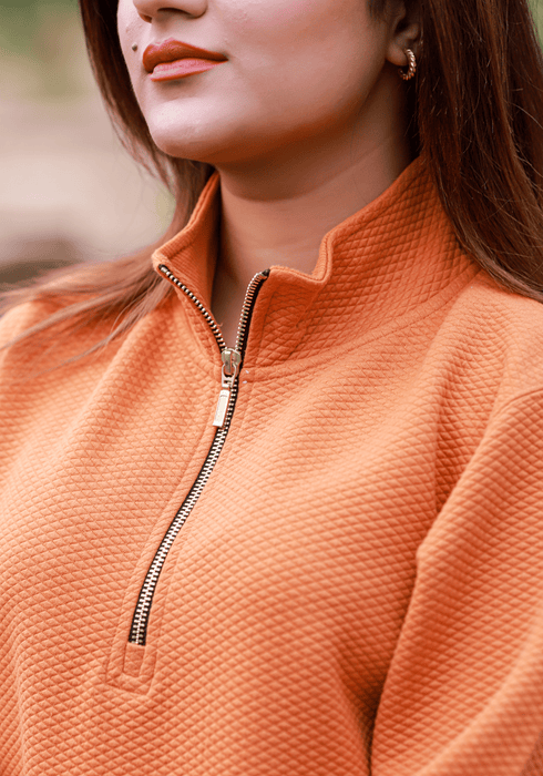 Premium Jacquard Mock Neck Zipper With Pockets - Musturd Deep Coral - IJJK202301
