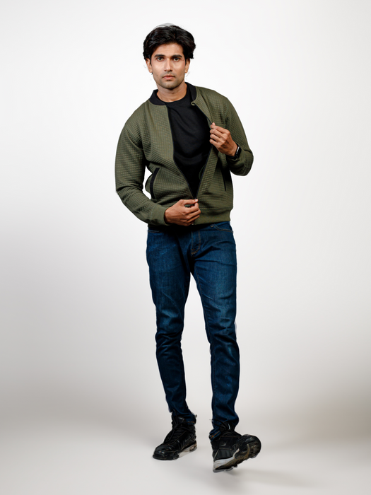 Jacquard Waffle Plaid Jacket - Olive - JKJ0123