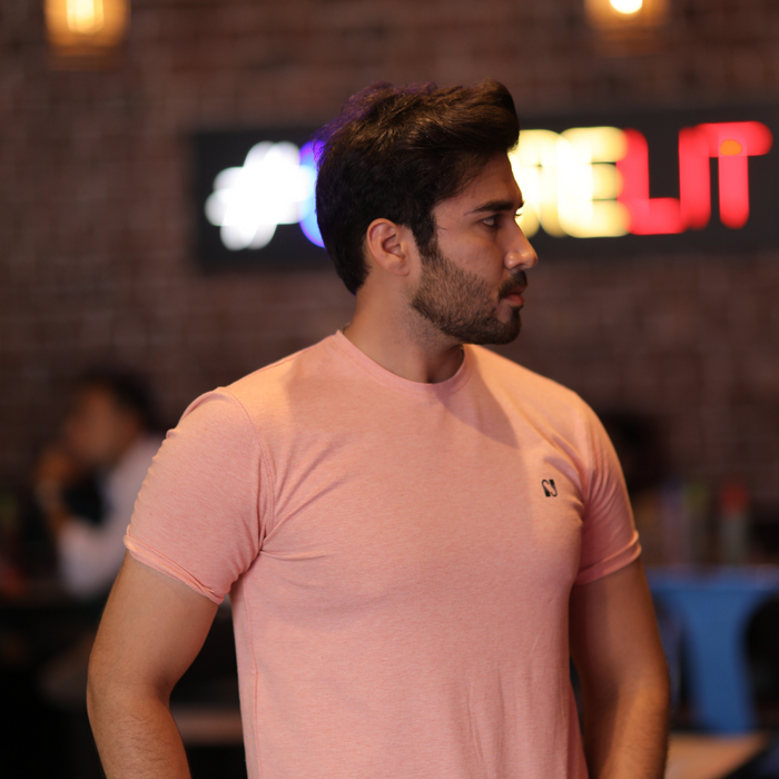 Interjacq Mens Crew Neck T-Shirt - Spandex - Peach Melange