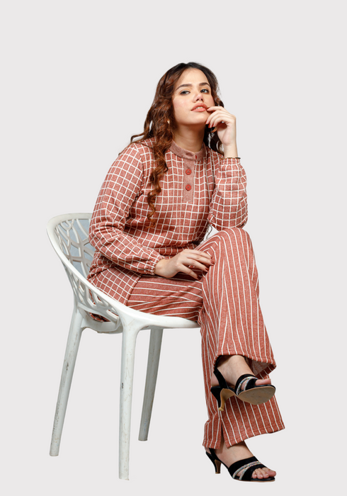 WOMENS 2 PIECE KNITTED JACQUARD CO ORD SET - Brown - WCOJ0123