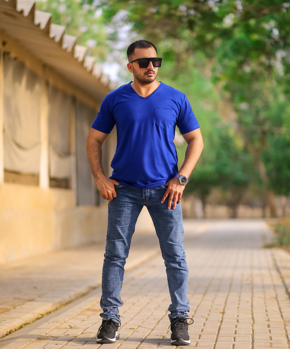 Interjacq Mens T-Shirt - V Neck - Blue - IM63