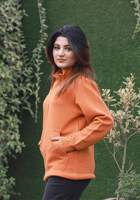Premium Jacquard Mock Neck Zipper With Pockets - Musturd Deep Coral - IJJK202301