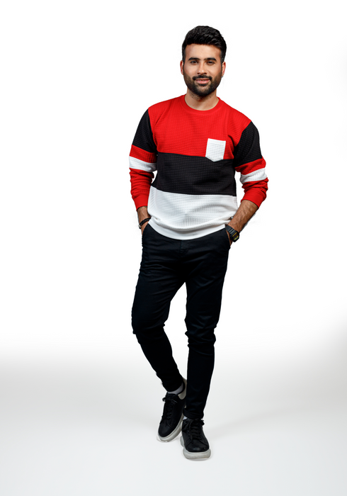 Men's Knitted Jacquard Full Sleeved Sweatshirt Cut & Sew Red-Black-White - SWTS01J23