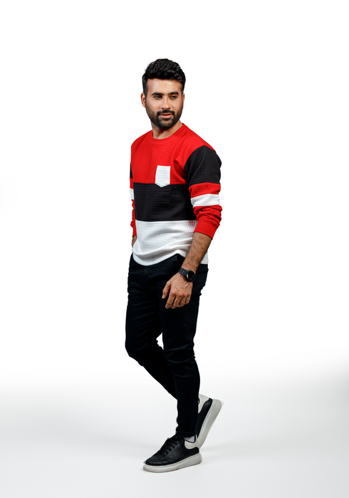 Men's Knitted Jacquard Full Sleeved Sweatshirt Cut & Sew Red-Black-White - SWTS01J23