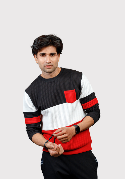 Men's Knitted Jacquard Full Sleeved Sweatshirt Cut & Sew Black-White-Red - SWTSJ0323