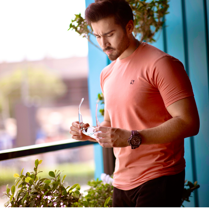 Interjacq Mens Crew Neck T-Shirt - Spandex - Peach