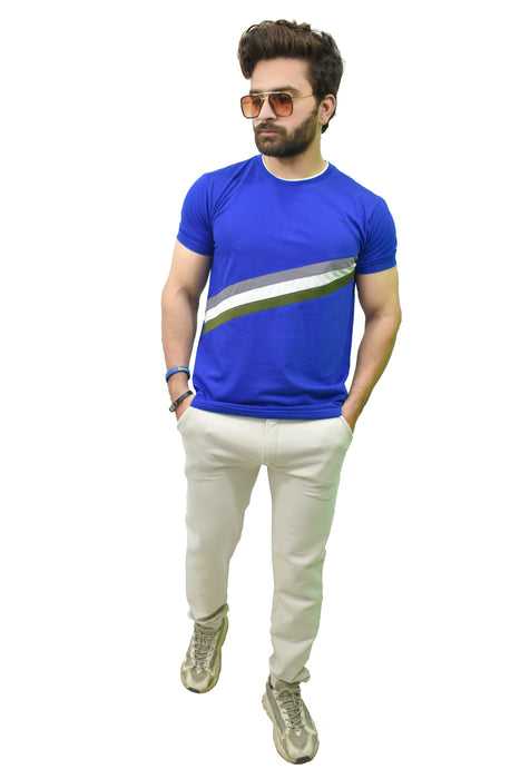 Interjacq Mens T-Shirt - Blue - Stripe - Slim Fit - IM52