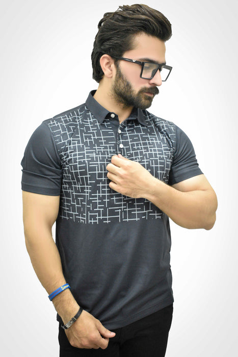 Interjacq Mens Printed Mesh Polo - Breathable Fabric - Grey - IM47