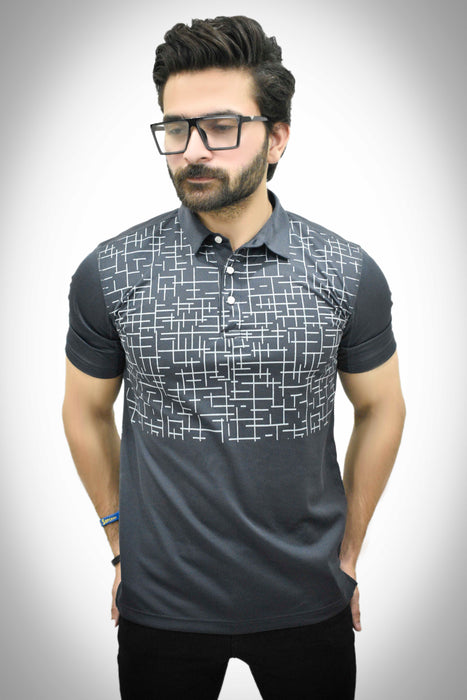 Interjacq Mens Printed Mesh Polo - Breathable Fabric - Grey - IM47