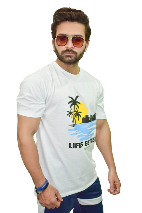Interjacq Mens T-Shirt - Life is Better - White - Regular Fit - IM35