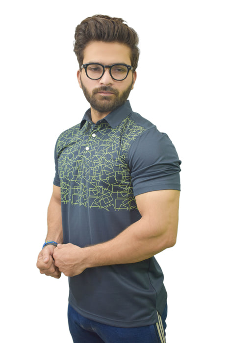Interjacq Mens Printed Mesh Polo - Slim Fit - Breathable Fabric - Grey - IM69