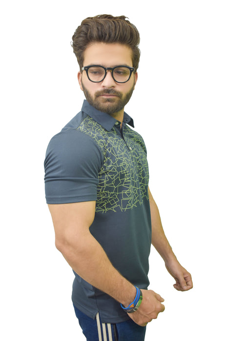 Interjacq Mens Printed Mesh Polo - Slim Fit - Breathable Fabric - Grey - IM69