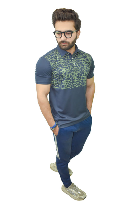 Interjacq Mens Printed Mesh Polo - Slim Fit - Breathable Fabric - Grey - IM69