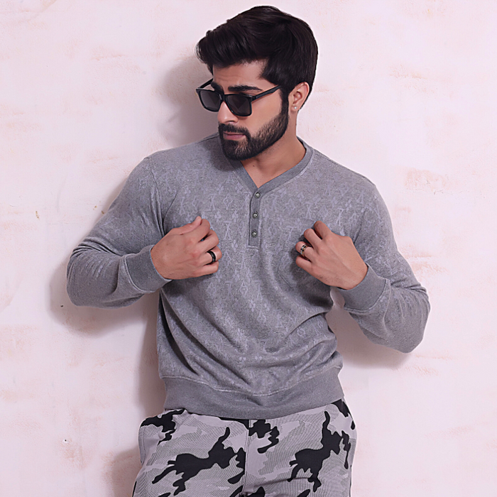 Jacquard Henley Casual Slim Fit Long Sleeve Button Shirt Top - IM27