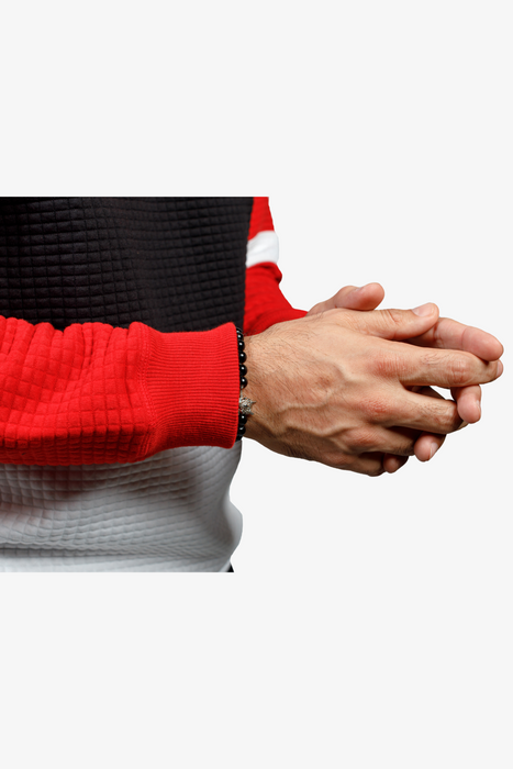 Men's Knitted Jacquard Full Sleeved Sweatshirt Cut & Sew Black-White-Red - SWTSJ0323