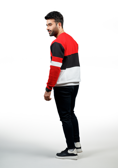Men's Knitted Jacquard Full Sleeved Sweatshirt Cut & Sew Red-Black-White - SWTS01J23