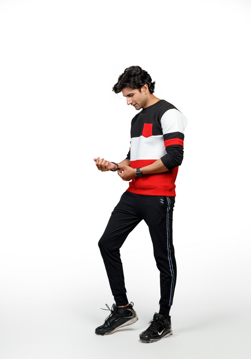 Men's Knitted Jacquard Full Sleeved Sweatshirt Cut & Sew Black-White-Red - SWTSJ0323