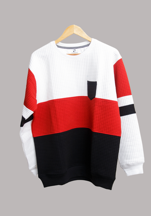 Men's Knitted Jacquard Full Sleeved Sweatshirt Cut & Sew White-Red-Black - SWTSJ0423