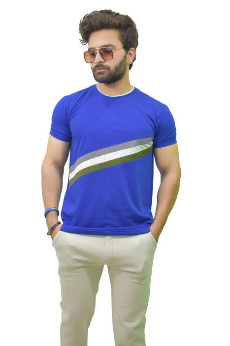 Interjacq Mens T-Shirt - Blue - Stripe - Slim Fit - IM52