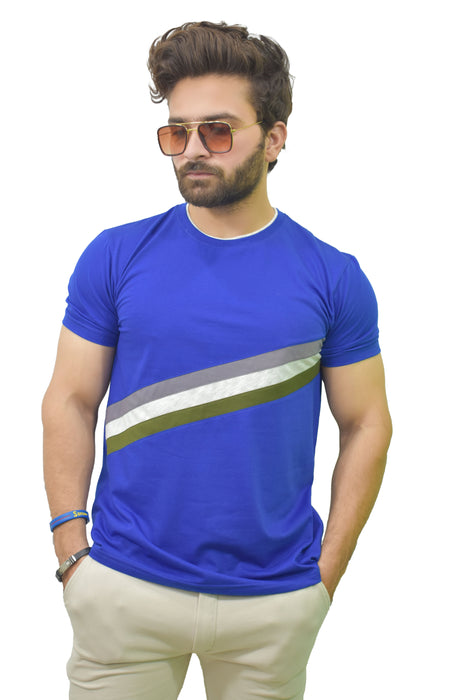 Interjacq Mens T-Shirt - Blue - Stripe - Slim Fit - IM52